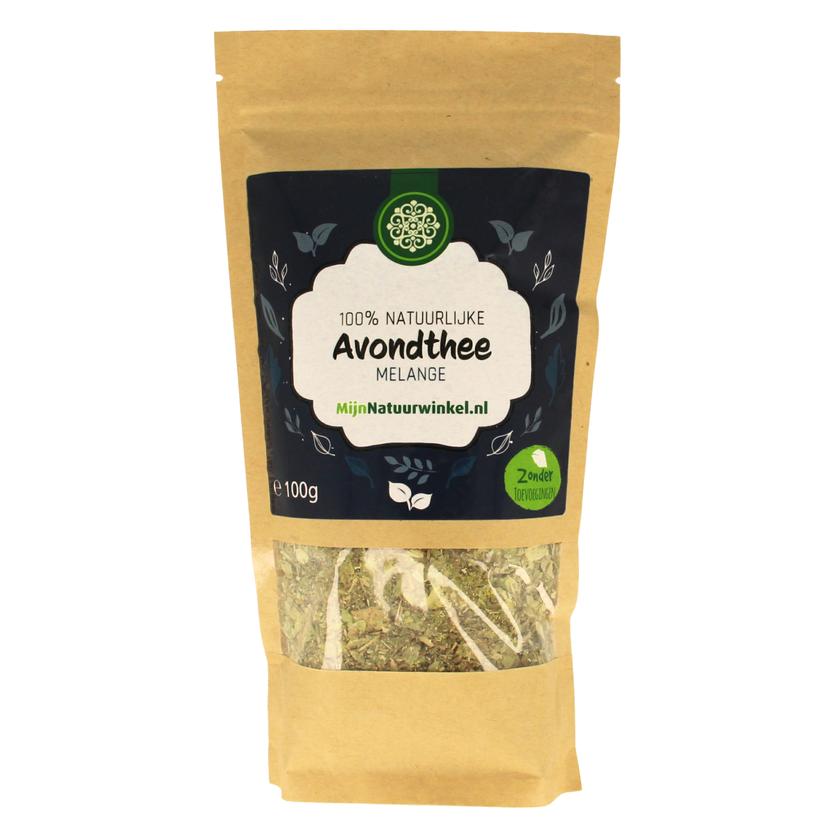 MijnNatuurwinkel Avond thee 100g in een glazen pot met thee bladeren en een theekopje, geschikt voor ontspanning en avondgebruik.
