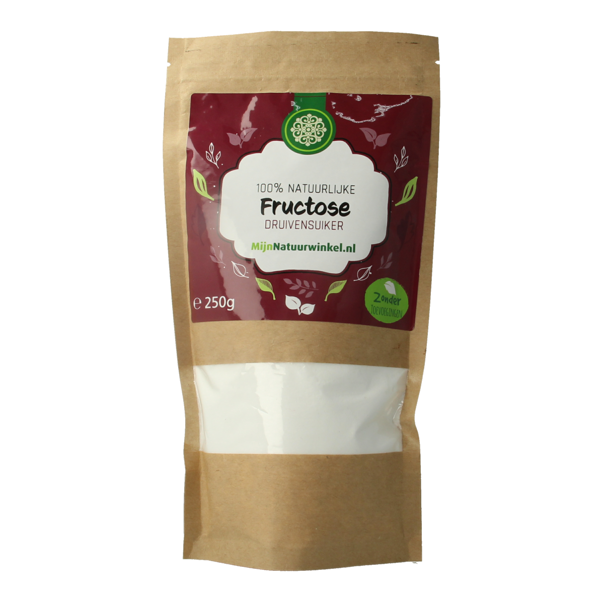 MijnNatuurwinkel fructose druivensuiker 250g, fine white sugar for baking and sweetening in a clear package.