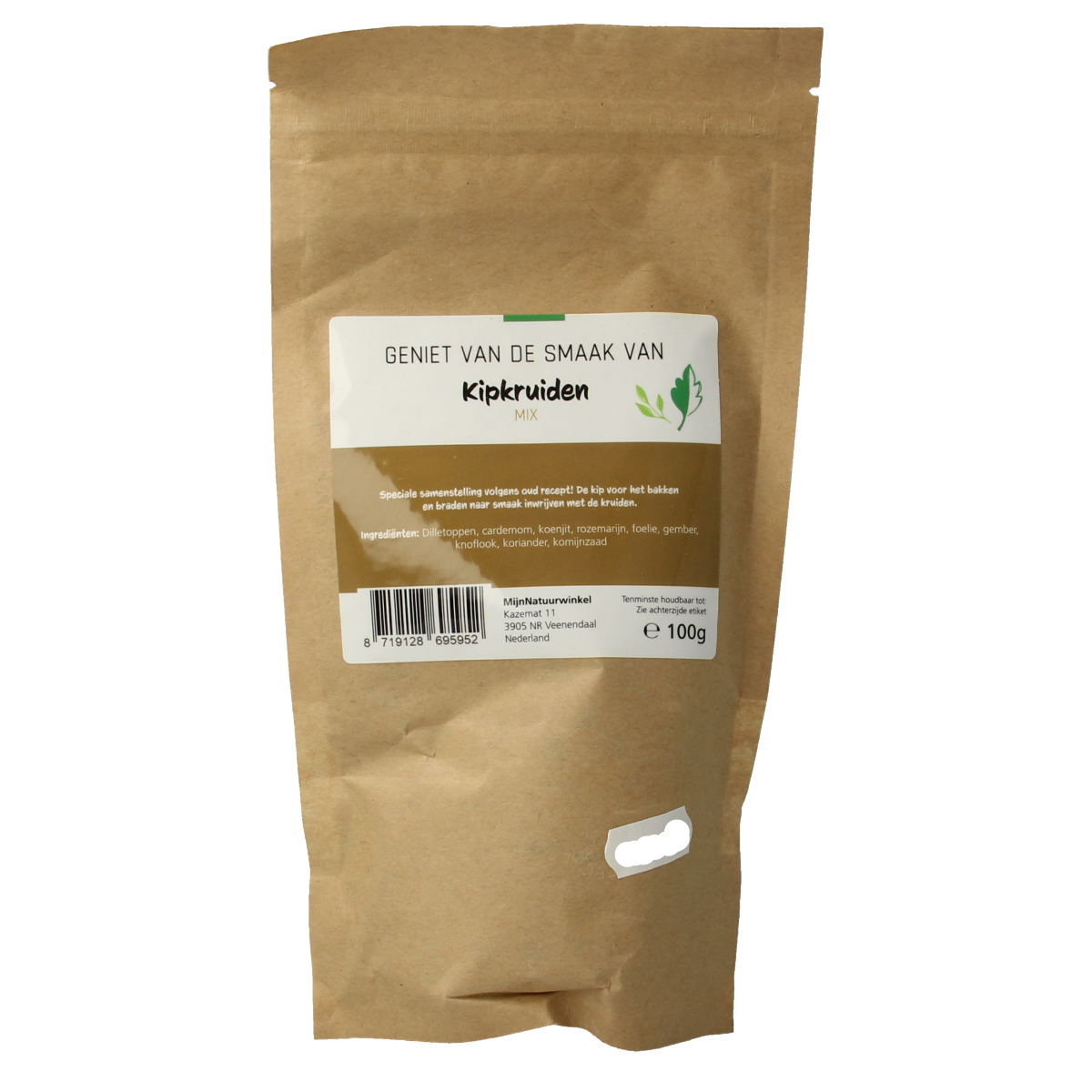 MijnNatuurwinkel Kip kruiden mix in 100g packet, natural spices for flavorful chicken dishes, packaged in a resealable bag.