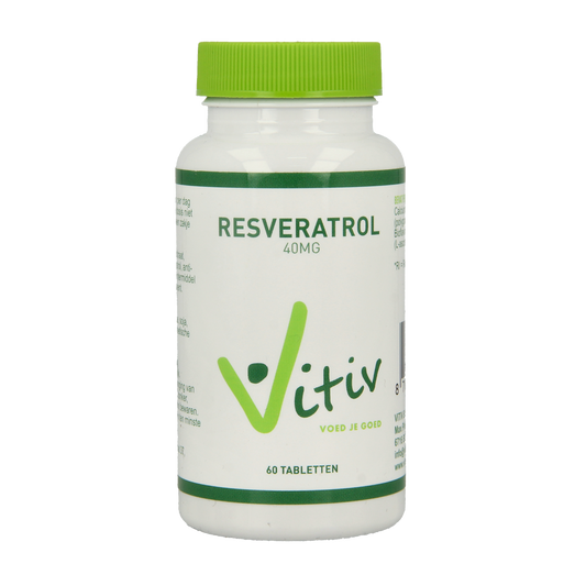 Vitiv Resveratrol 40mg herbal supplement tablets, 60-count, showing the product packaging and tablets in blister packaging.