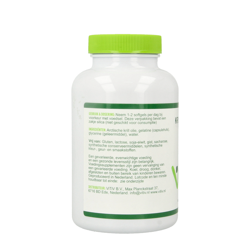 Vitiv Krillolie 500mg Antarctic softgels, Vetzuren supplement in a clear bottle with softgel capsules on a white background.