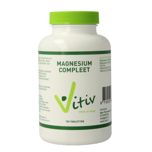 Vitiv Magnesium Compleet met Taurine supplement in a bottle of 100 tablets, featuring mineral and taurine blend for daily health support.