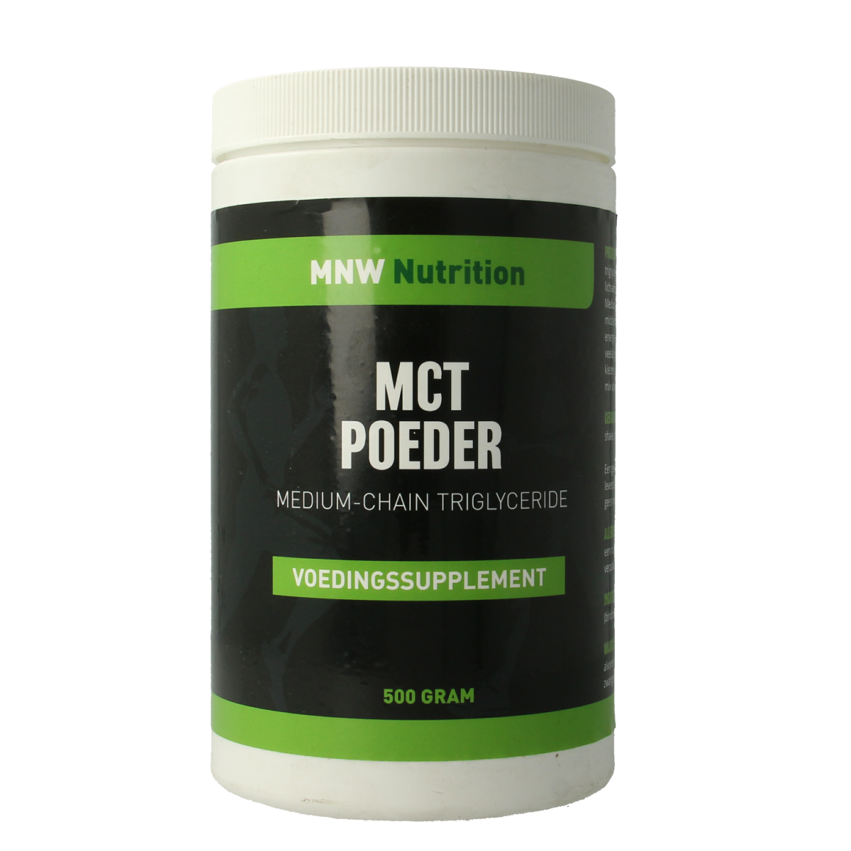 Vegan MijnNatuurwinkel MCT poeder in een 500 gram verpakking, geschikt als vetzuren supplement, zichtbaar in de afbeelding.