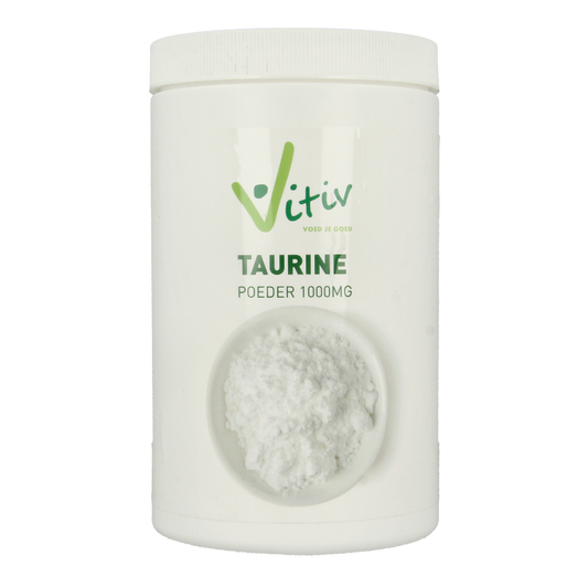 Vitiv Taurine powder in a 500g container, an amino acid supplement with natural white powder appearance.