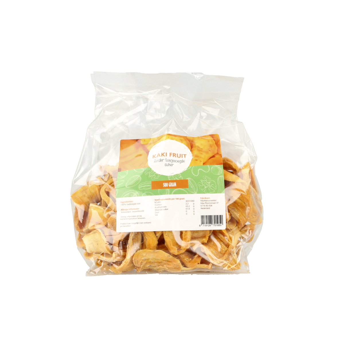 Dried kaki fruit from MijnNatuurwinkel in a 500g package, perfect as a healthy snack or tussendoortje.