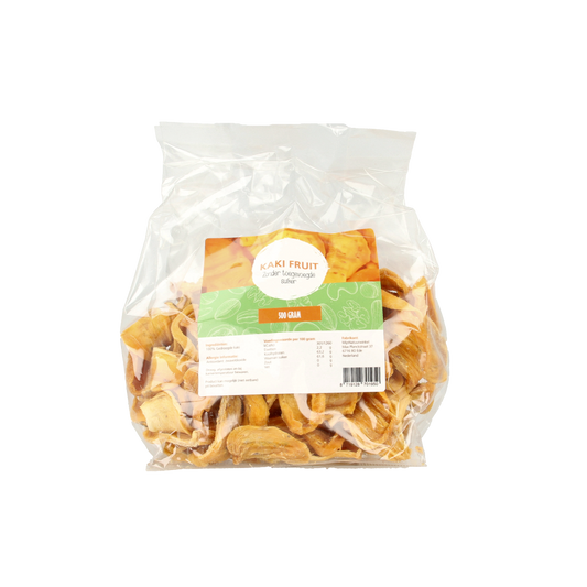 Dried kaki fruit from MijnNatuurwinkel in a 500g package, perfect as a healthy snack or tussendoortje.