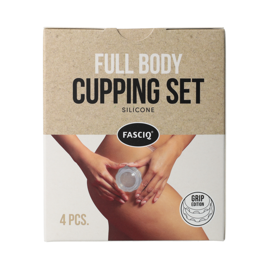 Fysiotape full body cupping set in box with four instrument tools, designed for physiotherapy and massage therapy.