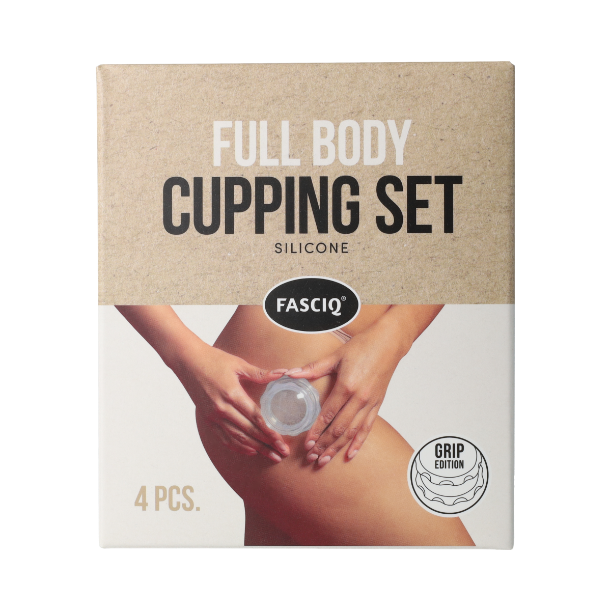 Fysiotape full body cupping set in box with 4 cups, used for muscle therapy and recovery, by Fysiotape.