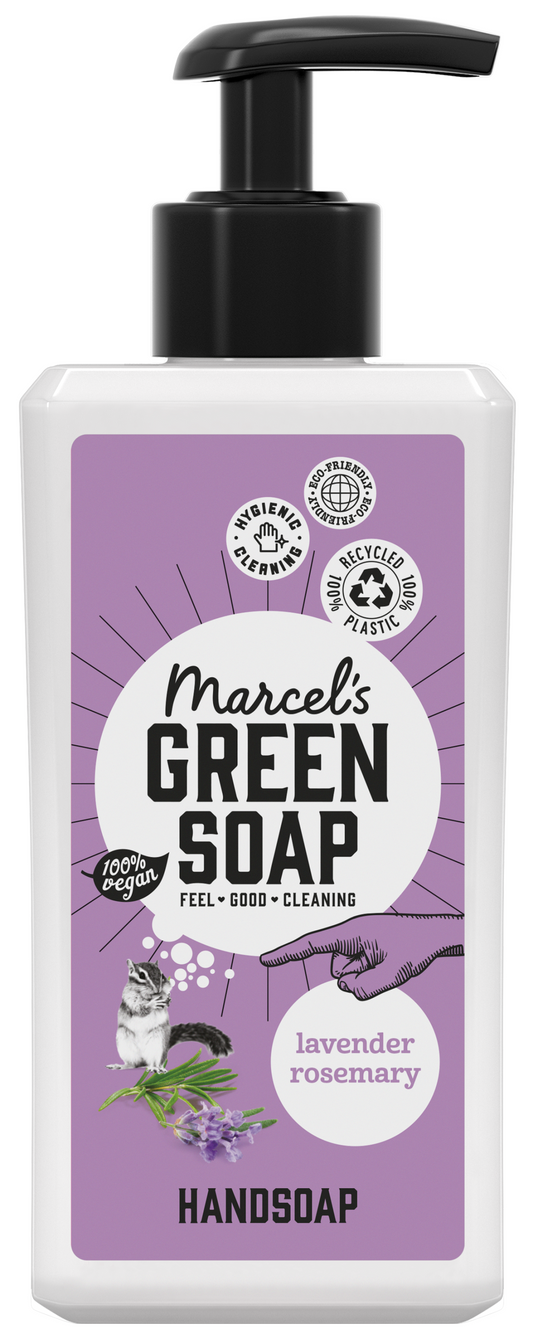 Marcel's Green Soap lavender and rosemary hand soap in a 250ml bottle, designed for gentle hand care and cleansing.