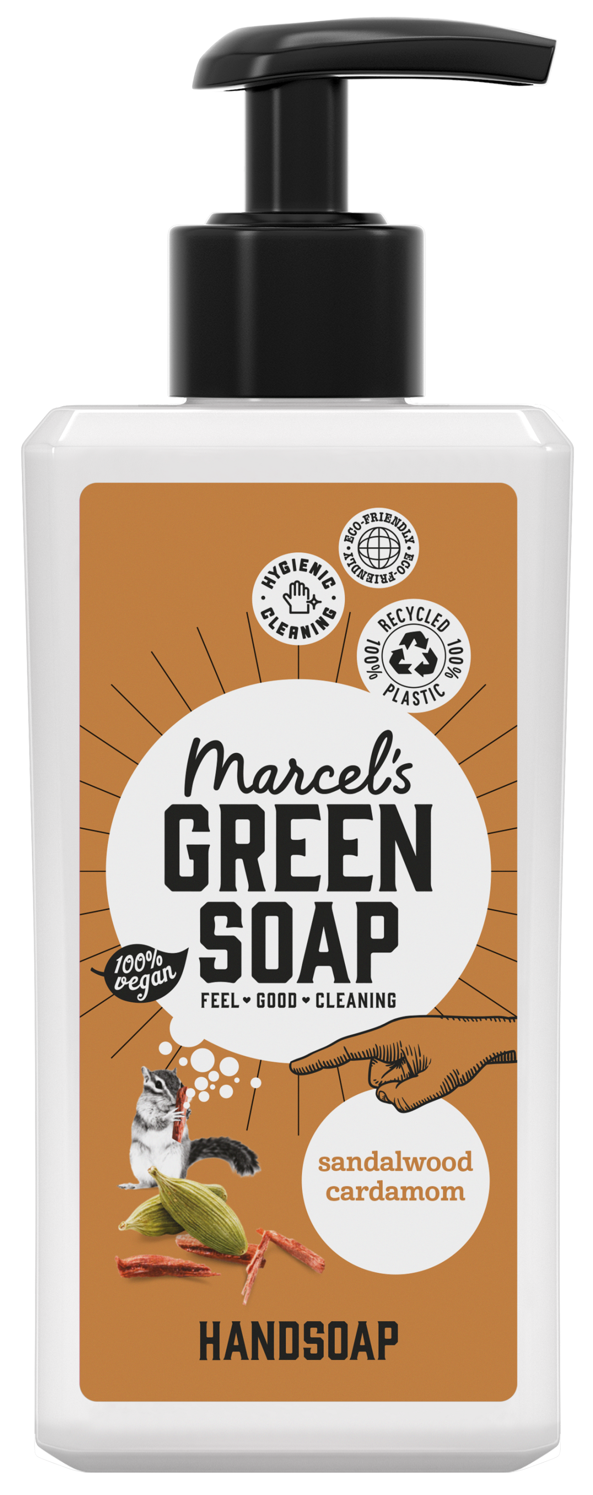 Marcel's Green Soap hand soap with sandalwood and cardamom in a 250ml bottle, designed for gentle hand care.