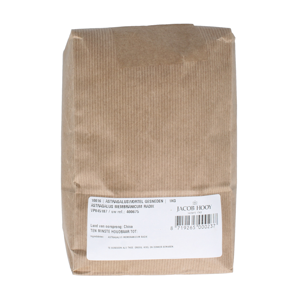 Sliced Jacob Hooy astragalus root in a 1 kg package, natural herbal ingredient for cooking and health remedies.