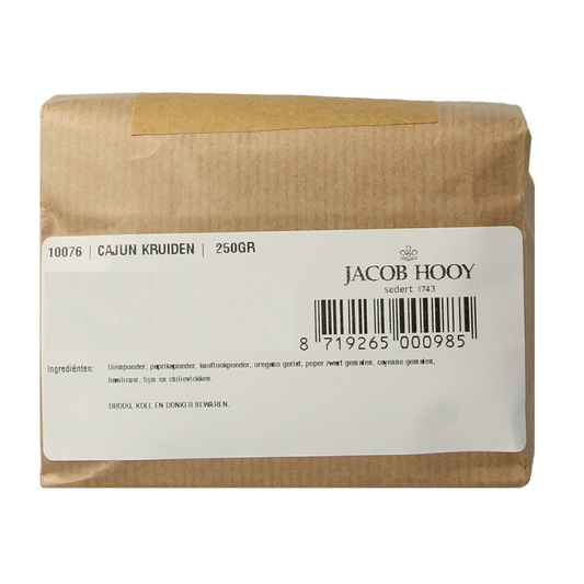 Jacob Hooy Cajun kruiden in 250g jar, a flavorful spice blend for Cajun dishes, with herbs and seasonings visible in the image.