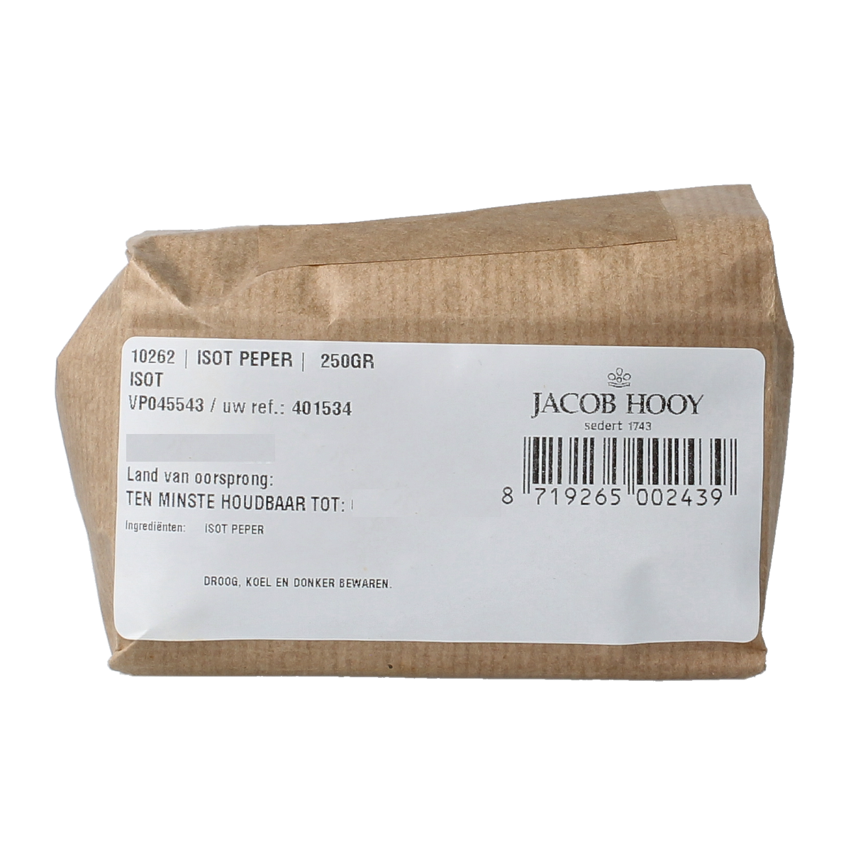 Jacob Hooy Isot peper 250g, a jar of ground black pepper from the kruiden en zoutenmengsels collection.