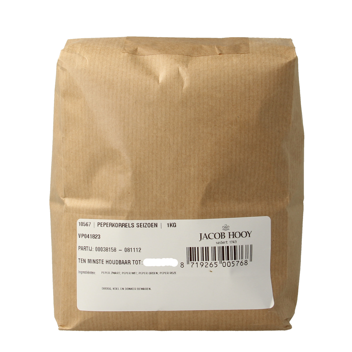 Jacob Hooy whole peppercorns in a 1kg bag, fresh spices for cooking, part of herbs, salts, and meal mixes collection.