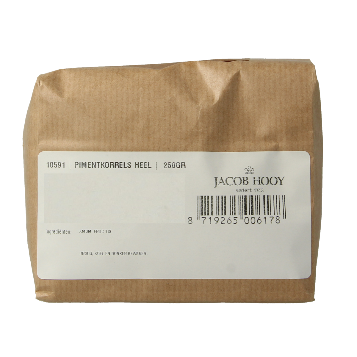 Jacob Hooy pimentkorrels in a 250g package, aromatic spice used in kruiden, zouten en maaltijdmixen, natural whole peppercorns.