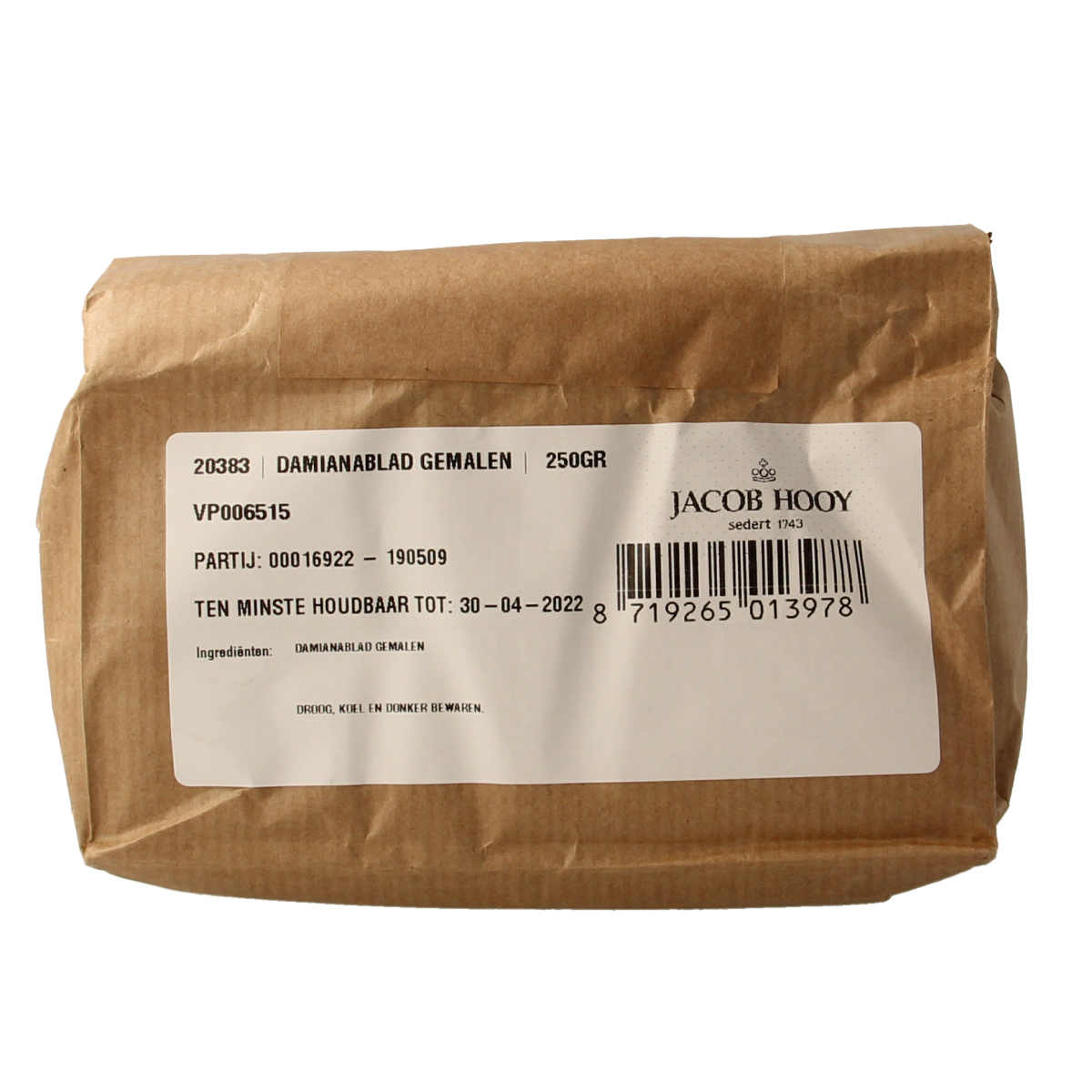 Ground Jacob Hooy Damiana herb in a 250g package, used as a natural herbal remedy or ingredient in herbal blends.