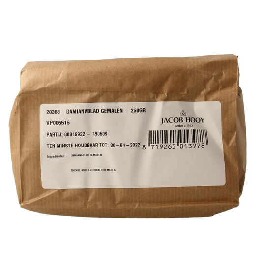 Ground Jacob Hooy Damiana herb in a 250g package, used as a natural herbal remedy or ingredient in herbal blends.
