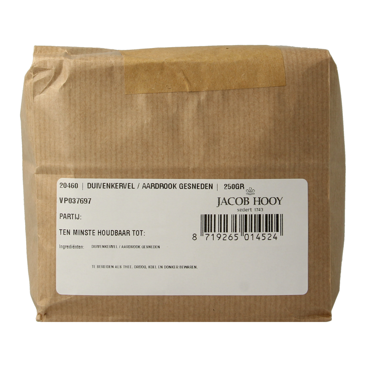 Jacob Hooy Duivenkervel and aardrook kruiden in 250g package, herbal seasoning mix from Jacob Hooy for cooking and flavoring.