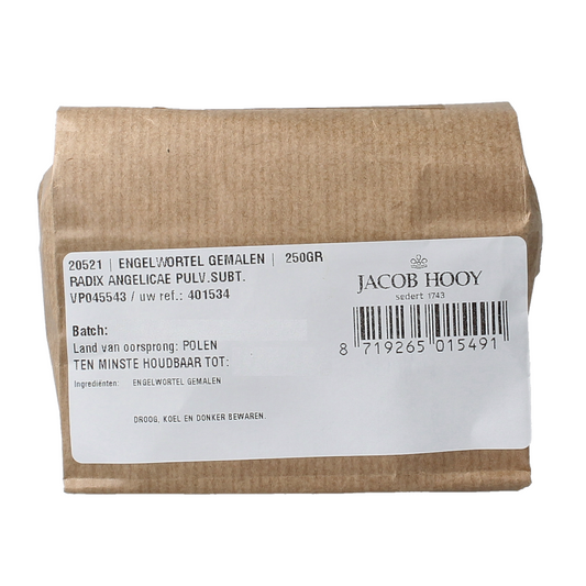 Ground Engelwortel (angelica root) from Jacob Hooy in a 250g package, used as a herb, salt, or meal mix ingredient.