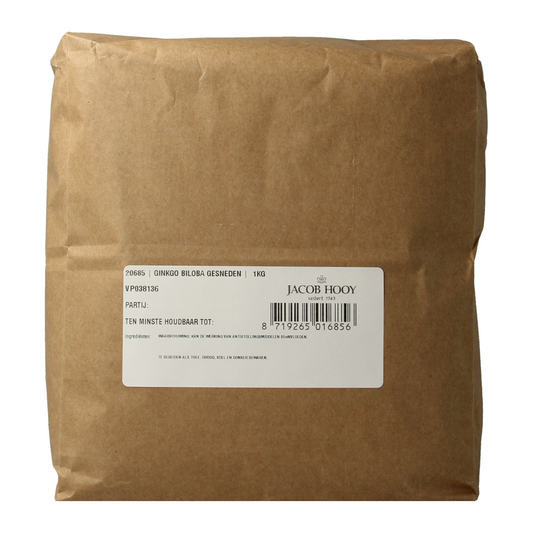 Dried sliced Ginkgo biloba leaves from Jacob Hooy in a 1kg package, used as herbal supplement or ingredient.