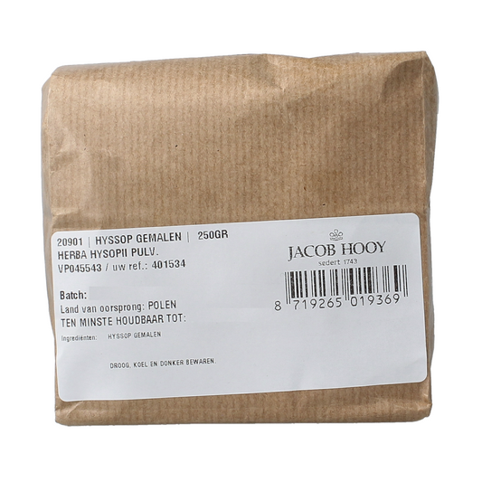 Ground Jacob Hooy Hyssop in a 250g package, part of herbal, salt, and meal mixes, with a clear label and packaging visible.