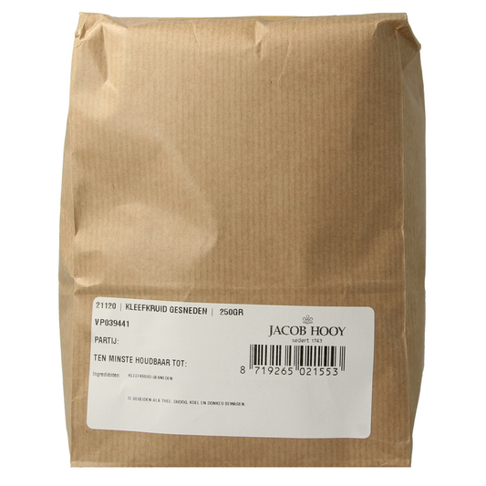 Jar of Jacob Hooy Kleefkruid herbal mixture in a 250g jar, used as a seasoning or culinary herb blend.