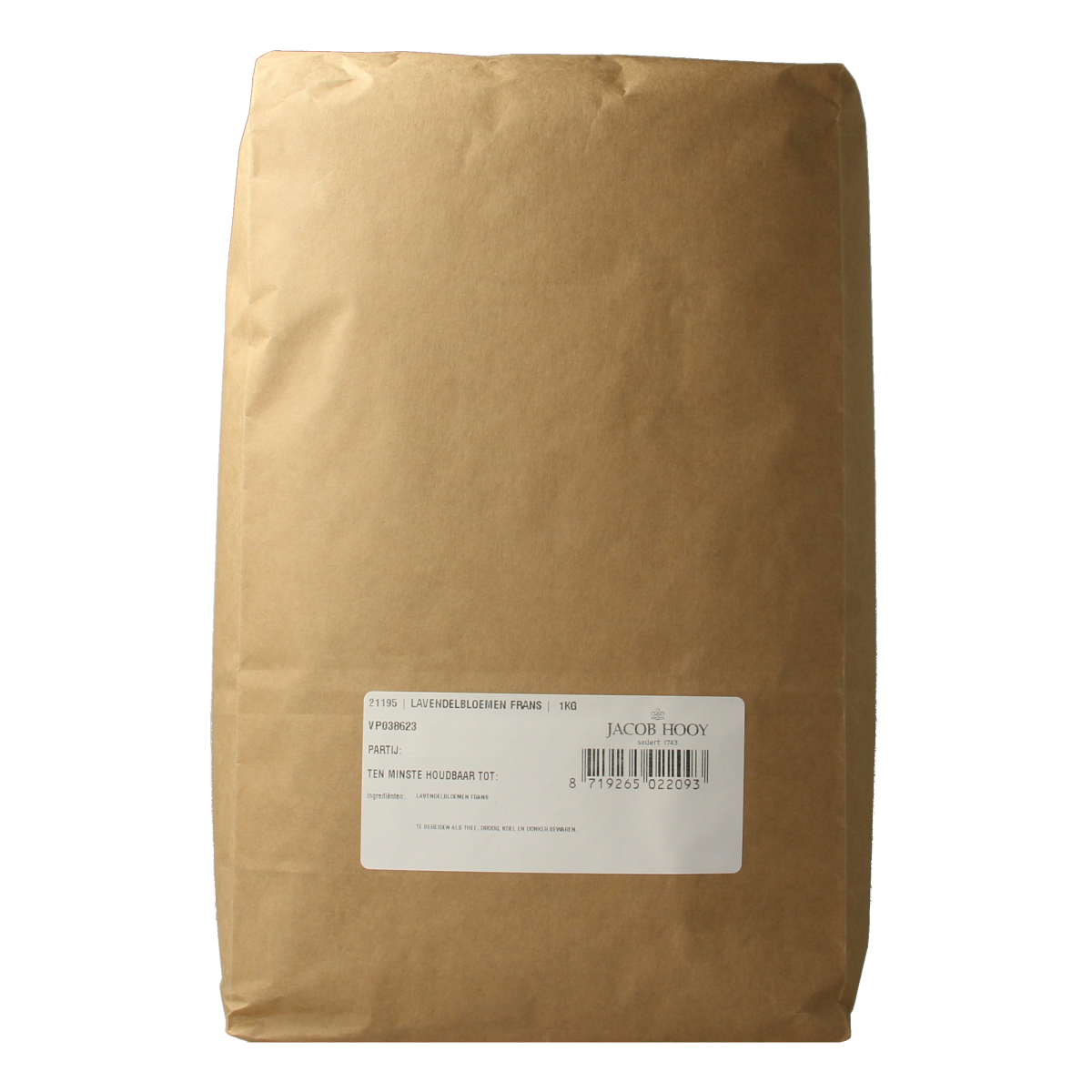 Jacob Hooy lavender flowers in a 1kg package, dried herbal flowers for culinary and herbal use, natural lavender blossoms.