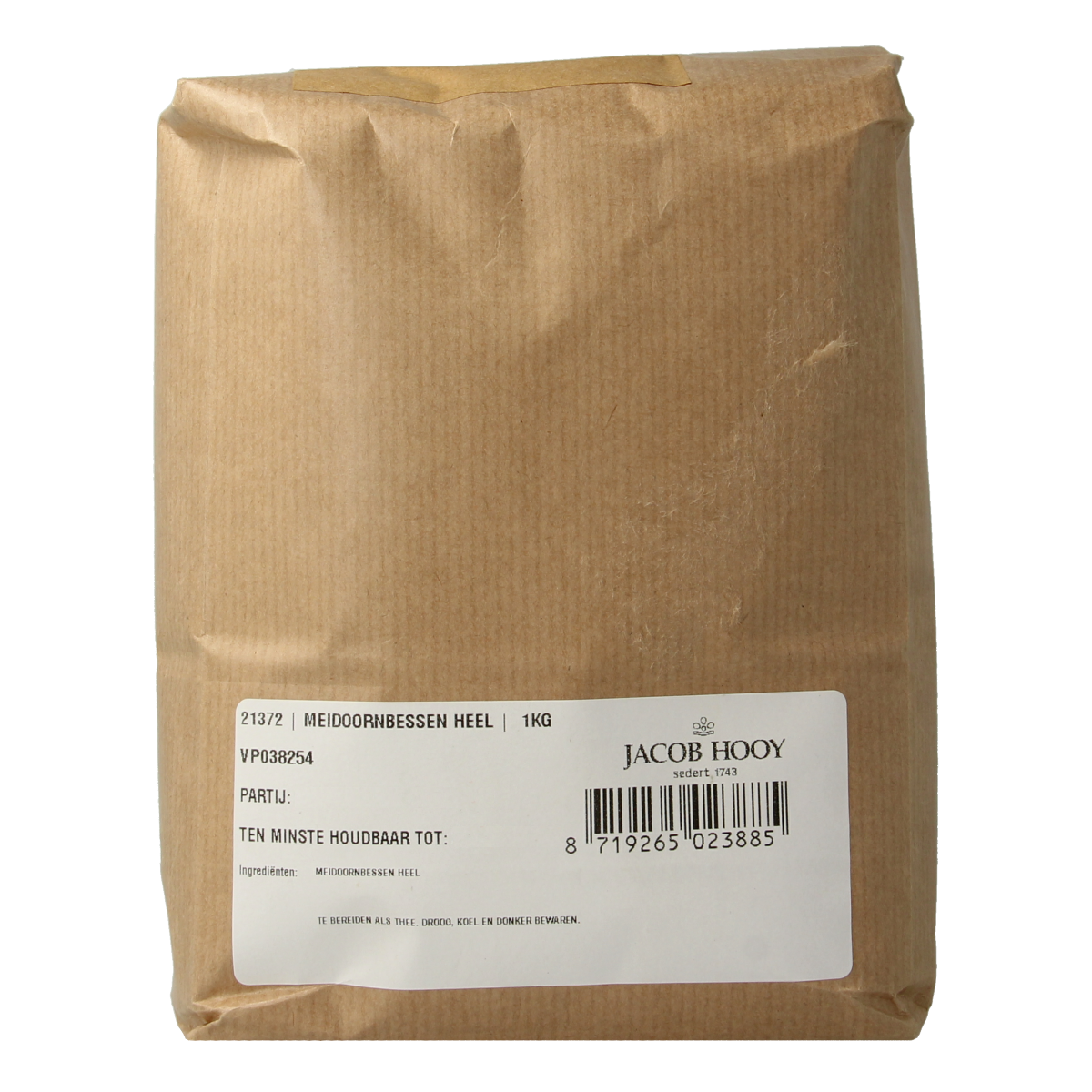 Jacob Hooy Meidoornbessen in 1kg, herbal supplement from kruiden, zouten en maaltijdmixen collection, shown in a clear image.