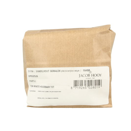 Ground pink sandalwood spice in a jar, Jacob Hooy branding, 250g packaging, used for herbal and culinary purposes.