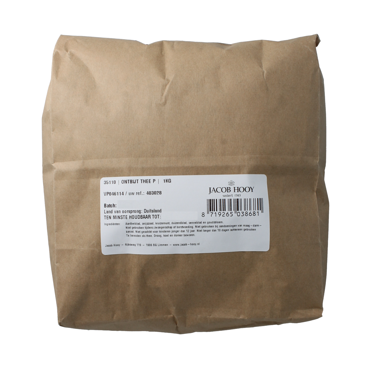 Jacob Hooy Ontbijtthee in a 1kg package, a herbal breakfast tea from the Jacob Hooy brand, shown in a resealable bag