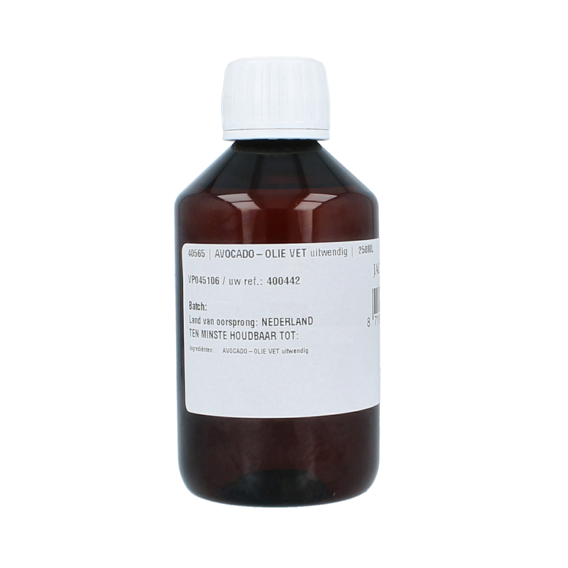 Jacob Hooy avocado oil 250ml for external body care, shown in a clear bottle with green label and golden oil inside.