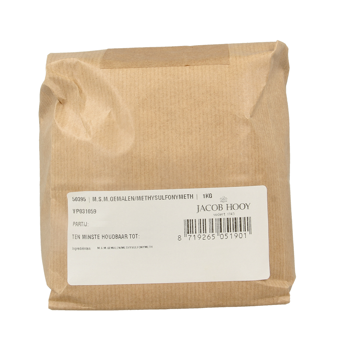 Jacob Hooy MSM powdered methylsulfonylmethane in a 1kg bag, part of herbal, salt, and meal mix products.