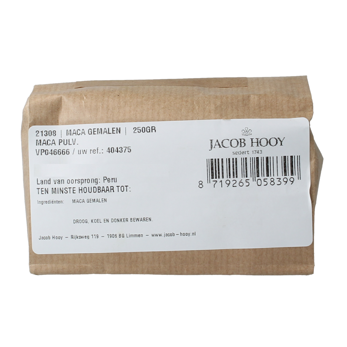 Ground Jacob Hooy Maca powder in a 250g package, used as a herbal supplement in kitchen and health applications.