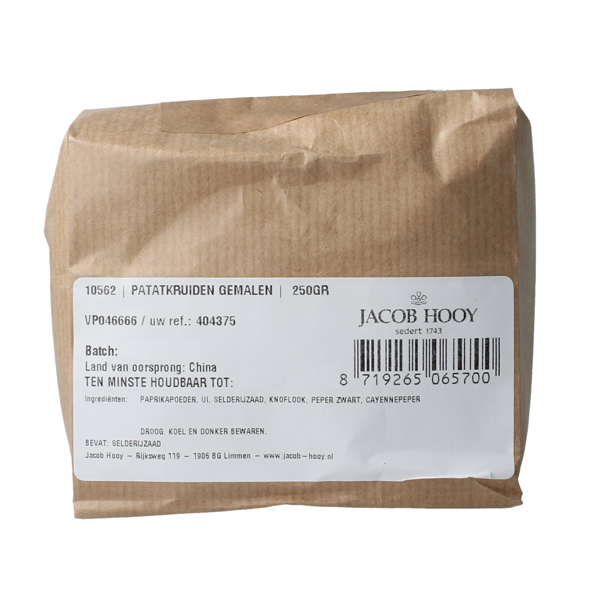 Jacob Hooy ground potato herbs in a 250g jar, ideal for seasoning and meal preparation in the kitchen.