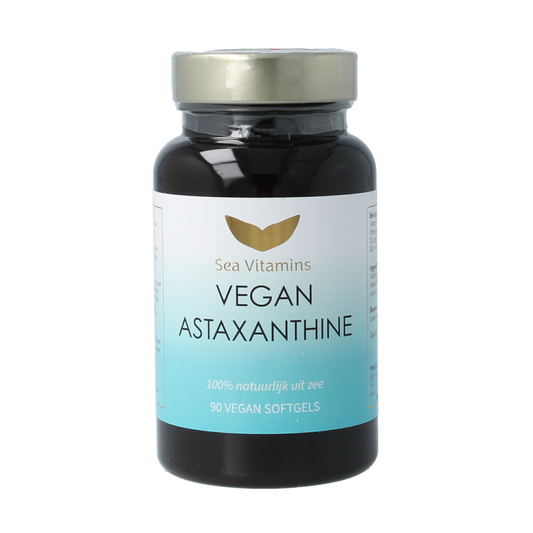 Sea Vitamins Astaxanthine vegan capsules, dietary supplement in vegetarian softgel form, showcasing the product packaging.