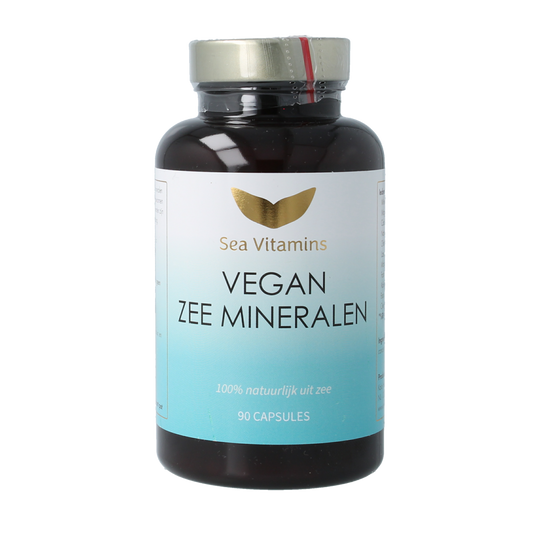 Sea Vitamins Zee mineralen vegan capsules, vegetarian dietary supplement in a bottle, showing the product packaging and capsules.