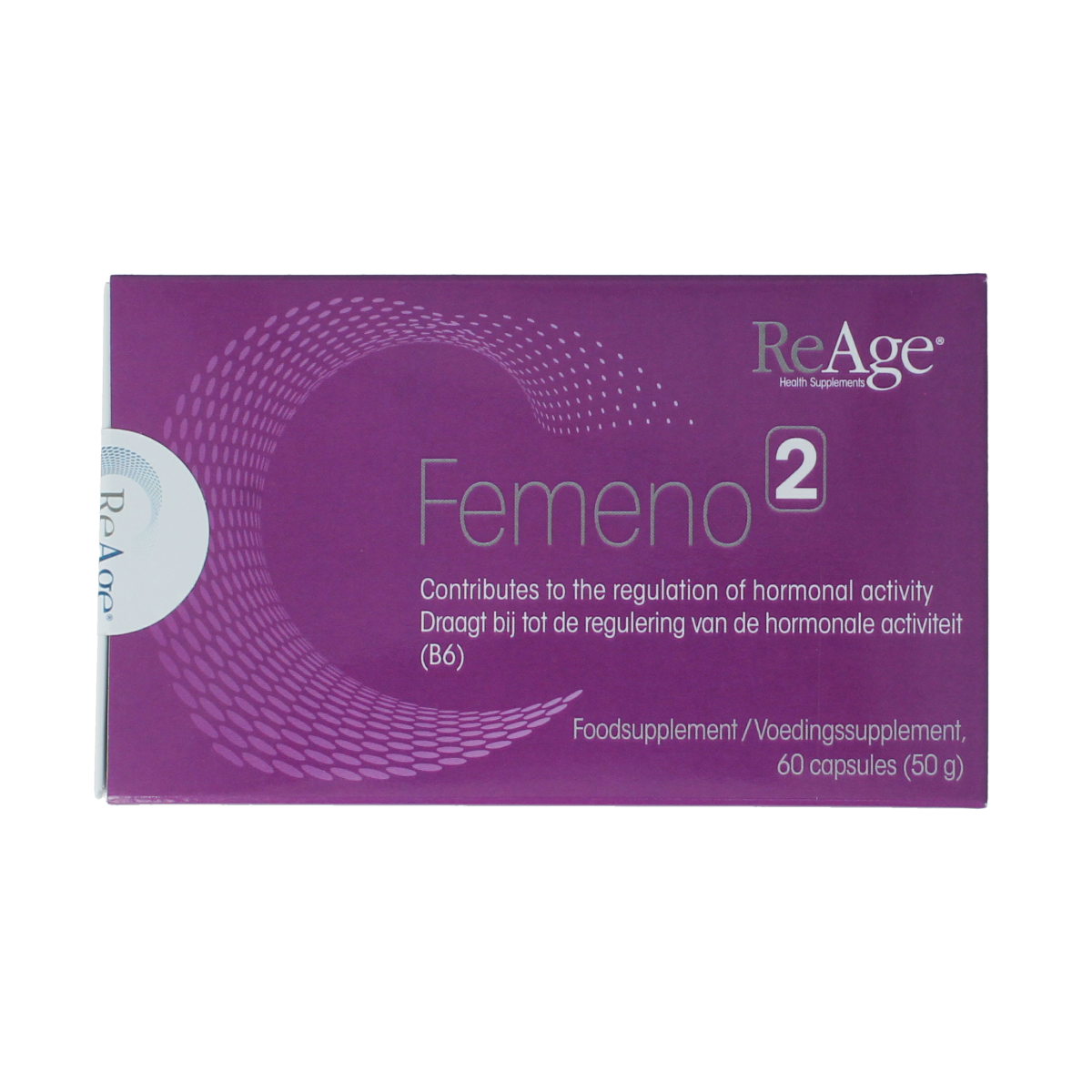 ReAge Femeno 2 multivitamin capsules for women, showing a bottle of 60 capsules with label and cap.
