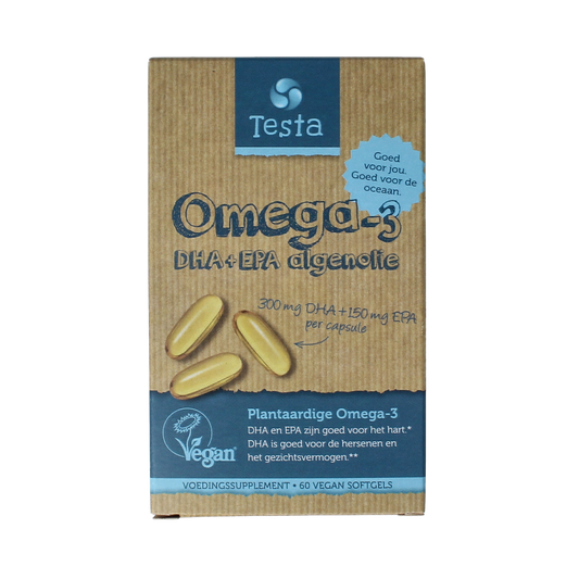 Testa Omega 3 algal oil vegan capsules showing the vegetarian supplement bottle with label details.