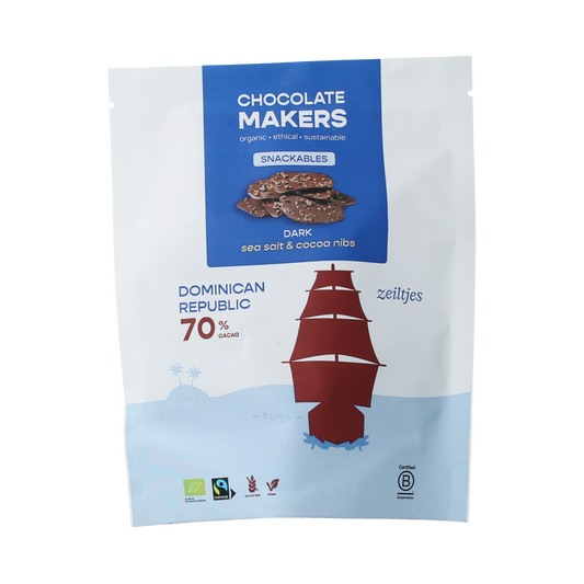 Chocolatemakers Zeiltjes puur 70% chocolade with cacaonibs and sea salt, 100g bar, natural dark chocolate with textured toppings.