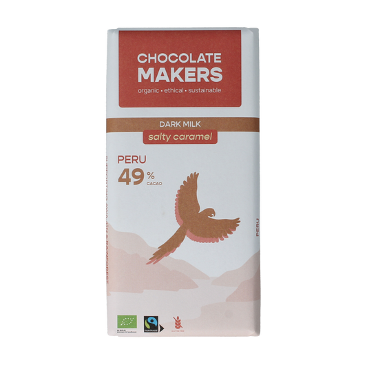 Chocolatemakers Fairtrade salty caramel 49% organic chocolate bar, 80g, showing the packaging and chocolate squares.