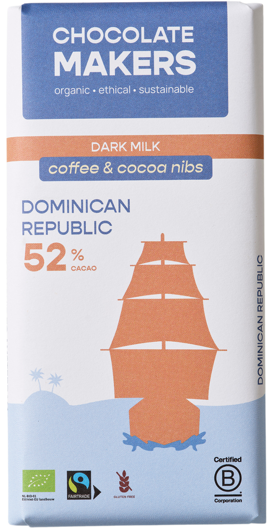 Chocolatemakers Reep Tres Hombres milk chocolate bar with 52% cacao, cocoa nibs, and coffee, 80g, shown in packaging.