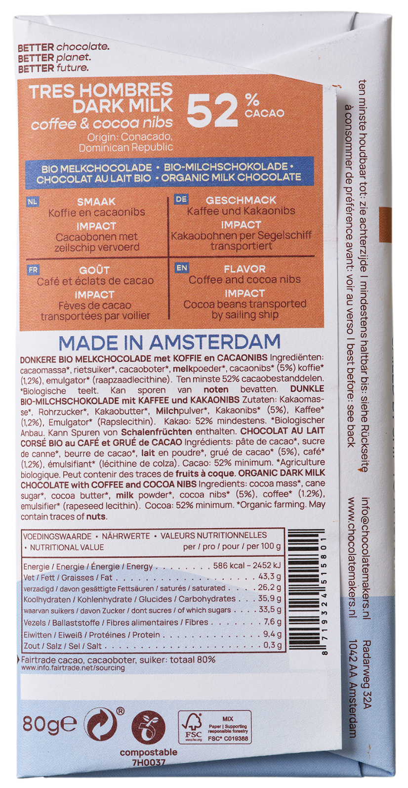Chocolatemakers Reep Tres Hombres milk chocolate bar with 52% cacao, cacao nibs, and organic coffee, 80 grams.