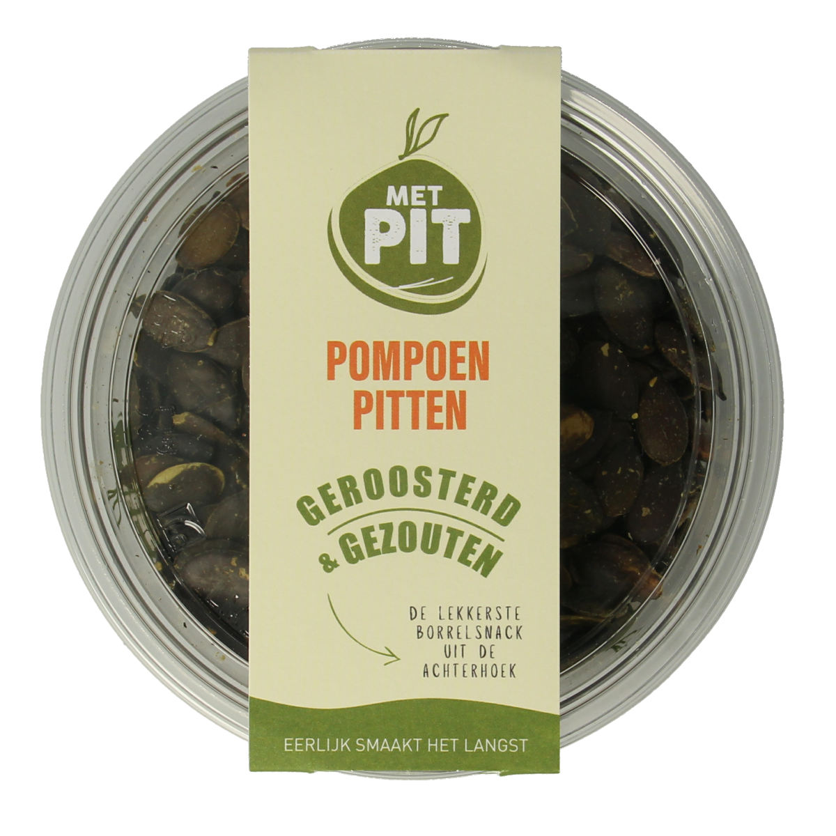 Roasted and salted pumpkin seeds from Met PIT, raw superfood snack in a 150g package, shown in the image.