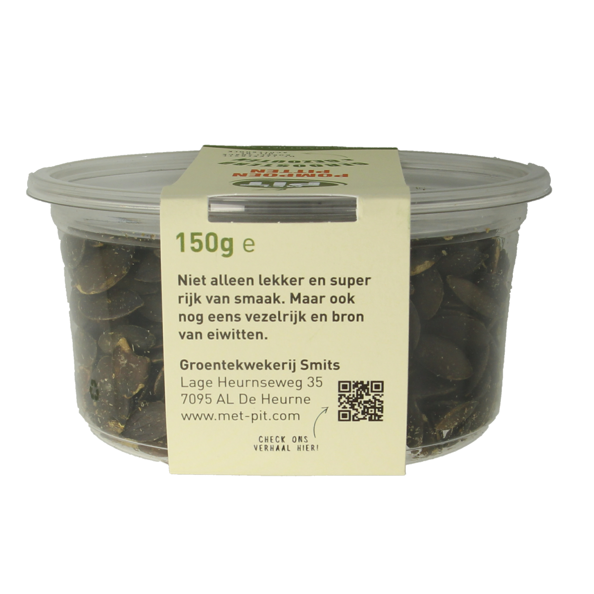 Roasted salted pumpkin seeds from Met PIT, 150g, raw superfood snack with crunchy texture and savory flavor.