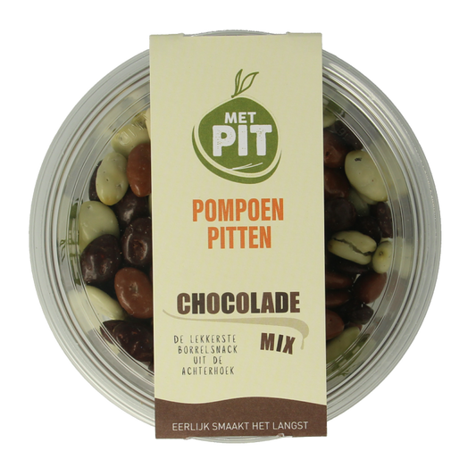 Assorted chocolate-coated pumpkin seed snacks in a 150g package by Met PIT, ideal for healthy snack options.