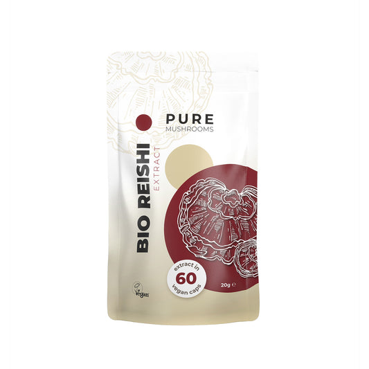 Pure Mushrooms Reishi mushroom extract in vegetarian capsules, organic herbal supplement for immune support.
