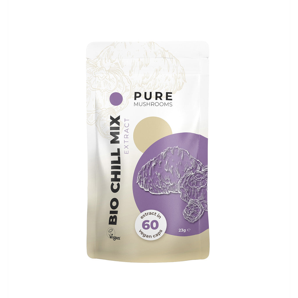 Pure Mushrooms Chill mix vegetarian capsules with organic mushroom extract, featuring a blend of herbal ingredients in a bottle.