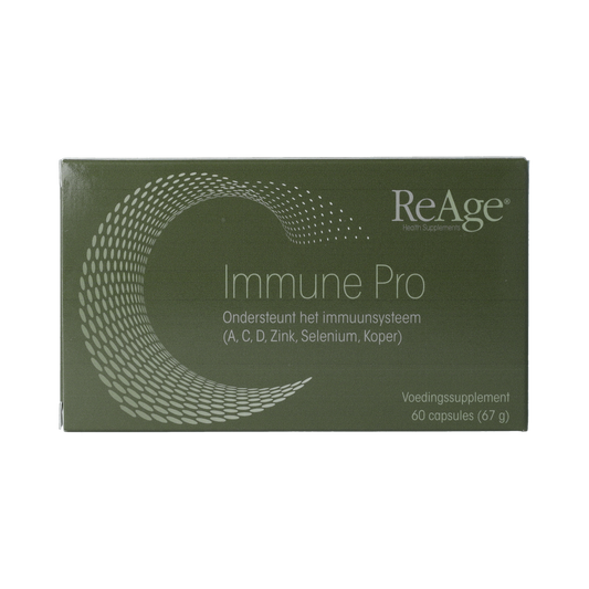 ReAge Immune Pro 60 capsules dietary supplement, showing the product bottle with label and capsules inside.