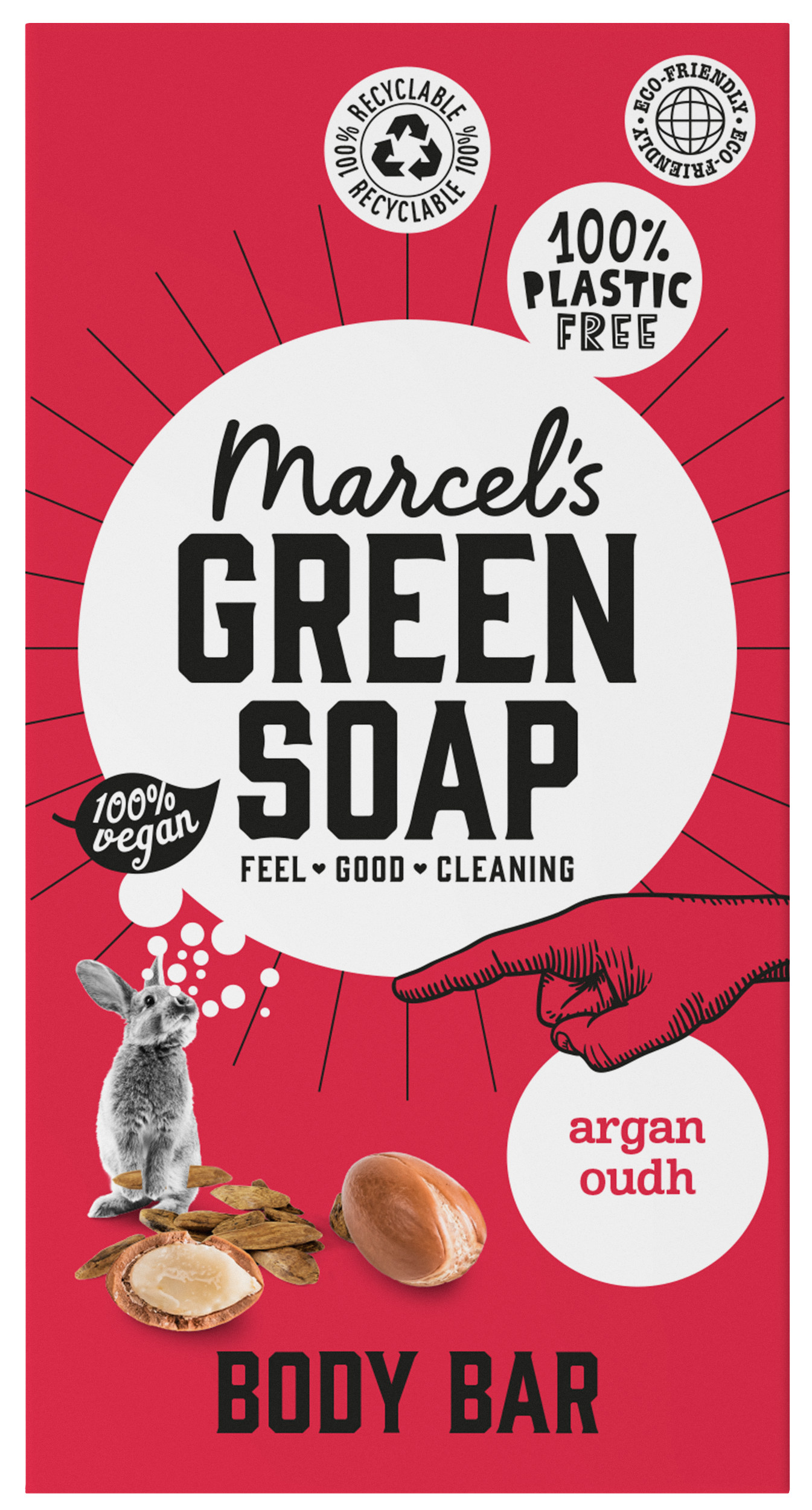 Marcel's Green Soap argan and oudh shower bar, 150g, with a natural soap appearance and packaging details visible.