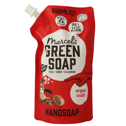 Marcel's Green Soap Argan & Oudh hand soap refill bottle, 500ml, natural hand care product with green and brown packaging.